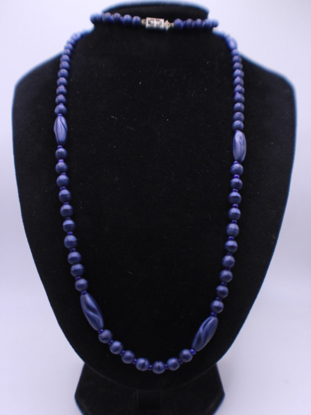 Vintage Navy Blue Art Glass Bead Necklace Push in Clasp 30”